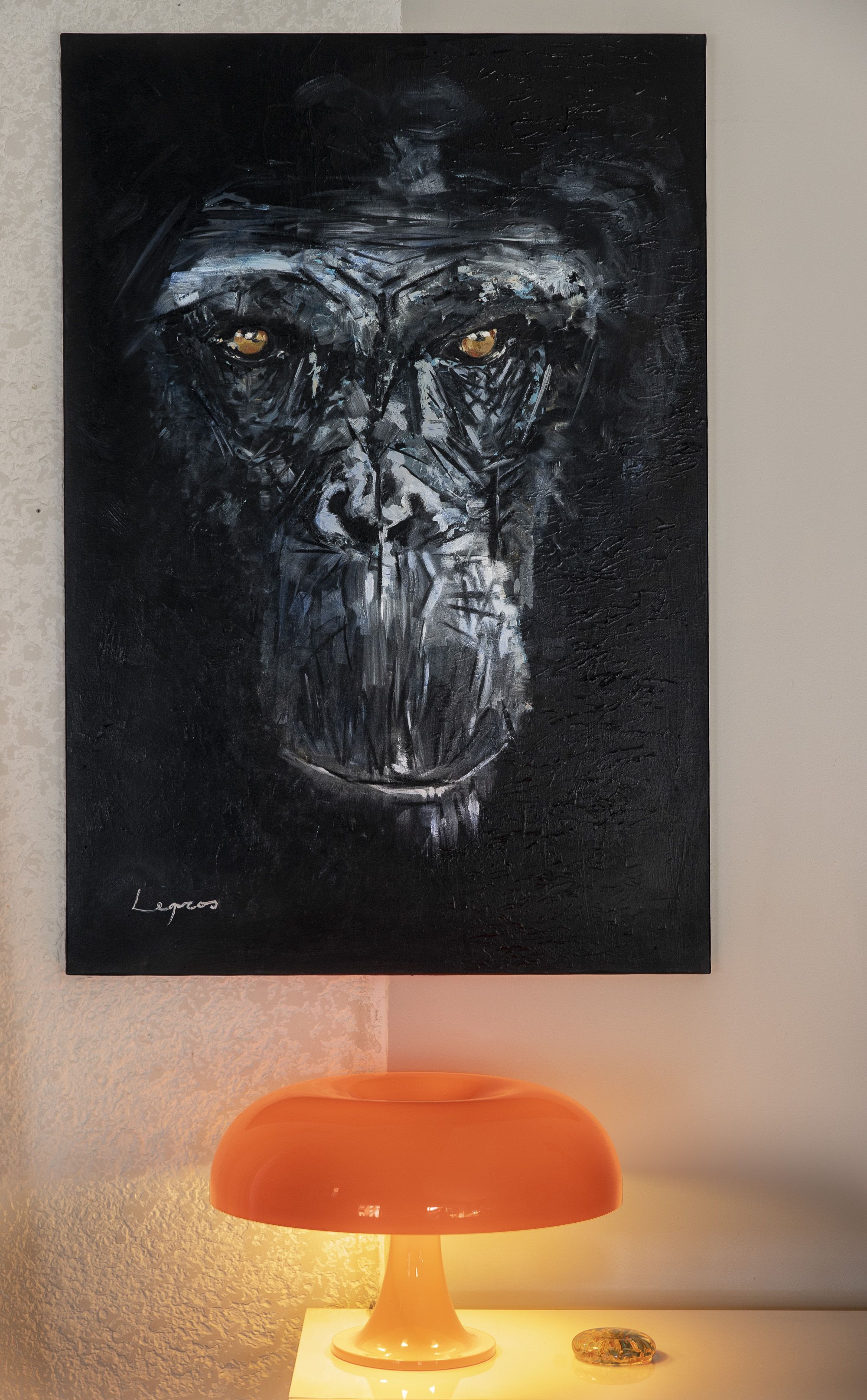 tableau gorille/ bestiaire singe/lampe orange 70/tête de gorille